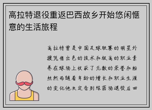 高拉特退役重返巴西故乡开始悠闲惬意的生活旅程